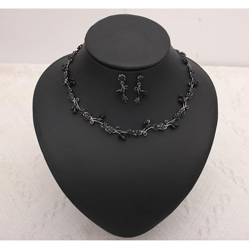 Brides Bridesmaid Flower Leaf Choker Necklace Dangle Earrings Link Bracelet Austrian Crystal Wedding Jewelry Set for Prom Costume Party Accessories for Woman - color: Black-Gun Plated