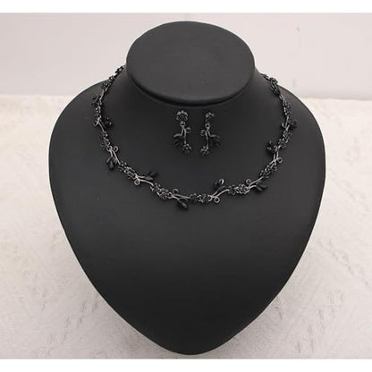 Brides Bridesmaid Flower Leaf Choker Necklace Dangle Earrings Link Bracelet Austrian Crystal Wedding Jewelry Set for Prom Costume Party Accessories for Woman - color: Black-Gun Plated