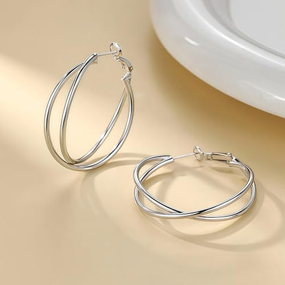 18K Gold Plated Crossover Double Hoop Earrings, 40mm Big Hoops | 925 Sterling Silver Post, Criss Cross X-Shape Loop, Lightweight Chunky Stackable, Everyday Trendy Statement Jewelry for Women - color: Silver