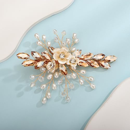 Xerling Champagne Rhinestones Crystal Flower Hair Barrettes Clip Boho Bridal Pearl Hair Jewelry Accessories for Women Wedding Floral Headpieces (Champagne) - color: Champagne