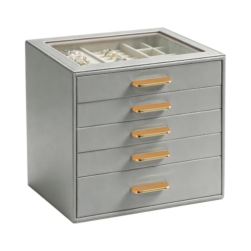 Homeanda Glass Lid Jewelry Boxes for Women, 5-Layer PU Leather Organizer with 4 Drawers, Display Storage for Rings Necklaces Earrings Bracelets Watches, Gift for Wife and Girls (Grey) - color: Grey, size: 5 Layer (9.7"D x 8"W)