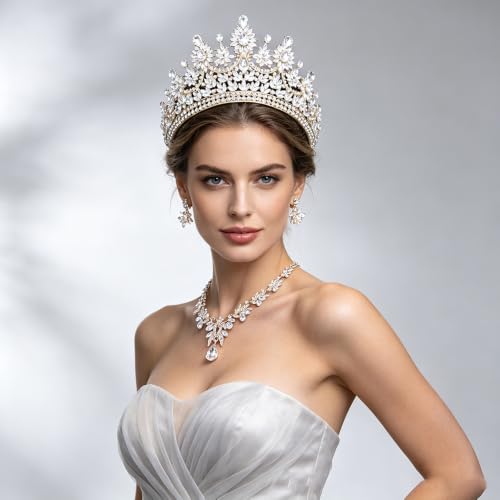 Crowns and Tiaras Jewelry Set for Women.Wedding (Gold Green) | Wedding Crown, Necklace Earrings, Princess Queen Birthday Party, Pageant Bridal, Costume Accessories - color: Gold White