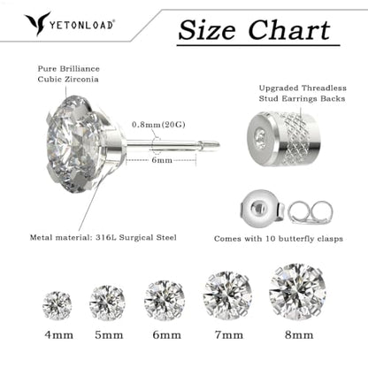 5-6 pairs Push-in Flat Back Stud Earrings Hypoallergenic Surgical Stainless Steel Cubic Zirconia Earrings Studs Set Multi-Pack, CZ Stud Earrings for Women Men Trendy Cartilage Stud Earrings 2-8mm - color: Silver-4/5/6/7/8/mm