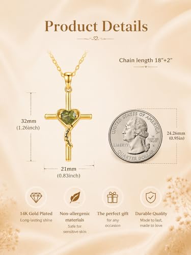 14K Gold Cross Necklace for Women Dainty Birthstone Pendant | Heart I Love You Romantic Jewelry Anniversary Christian Religious Baptism Birthday Gifts with 18"+2" Adjustable Chain - color: 14K Gold-08-Aug Birthstone