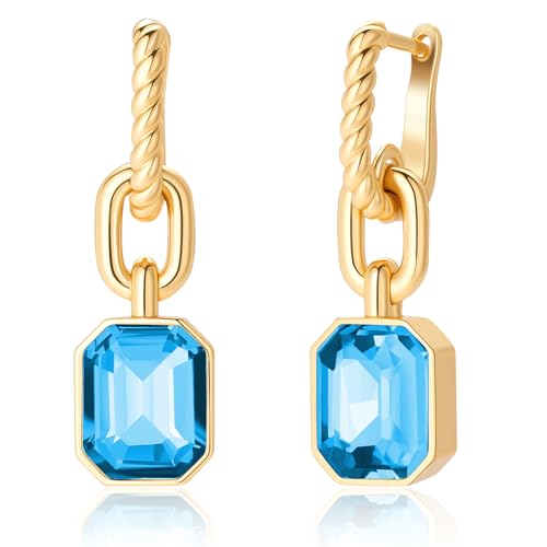 Birthstone Crystal Dangle Drop Earrings, 18K Gold Plated Huggie HoopEarring | Hypoallergenic Earring Jewelry Gifts for Women, Birthdays, anniversaries, weddings - color: Blue-1