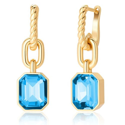 Birthstone Crystal Dangle Drop Earrings, 18K Gold Plated Huggie HoopEarring | Hypoallergenic Earring Jewelry Gifts for Women, Birthdays, anniversaries, weddings - color: Blue-1