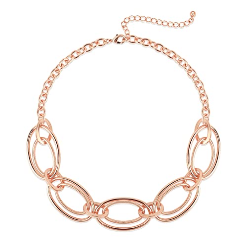 Gold Chunky Necklace for Women: Double Oval Link Statement Choker Necklace | 14k Gold Plated Loop Chain Trendy Fashion Jewelry for Daily Holiday Party - color: ROSE GOLD
