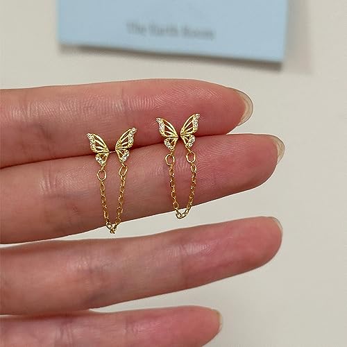 Cute Tiny Butterfly CZ Double Piercing Huggie Small Stud With Short Chain 925 Sterling Silver Cuff Wrap Earrings for Women Cartilage Two Holes Animal Dangle Drop Hypoallergenic - color: Gold