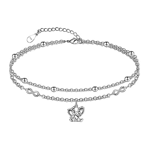 CHIC & ARTSY 925 Sterling Silver Ankle Bracelets for Women, Adjustable Layered Foot Chains with Nature & Symbol Charms, Lightweight Comfort Fit Boho Beach Everyday Jewelry - color: 4# Elephant Anklet