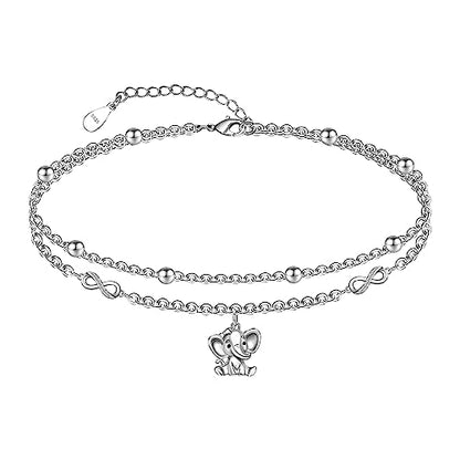 CHIC & ARTSY 925 Sterling Silver Ankle Bracelets for Women, Adjustable Layered Foot Chains with Nature & Symbol Charms, Lightweight Comfort Fit Boho Beach Everyday Jewelry - color: 4# Elephant Anklet