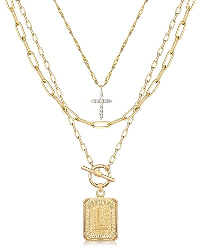 MJartoria Layered Initial Necklaces for Women Trendy, 14K Gold Plated Brass Simple Dainty Cross Choker Square Letter Pendant Necklace, Paperclip Chain Necklaces Jewelry - color: Gold, style: L