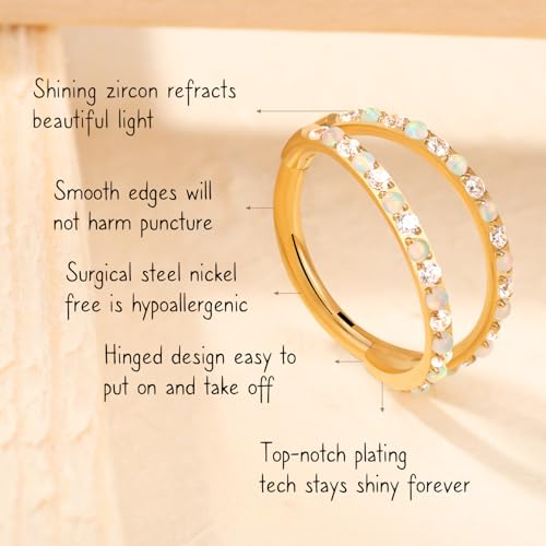AROWRO Conch Piercing Jewelry Nose Rings Hoops Septum Cartilage Helix Rook | Surgical Steel Gold Silver Cartilage Earrings for Women Tragus Helix Piercing Jewelry 16G 18G 20G With Cubic Zirconia Opal - color: Gold-D1 Clear CZ & Opal, size: 16G(1.2mm)-8mm