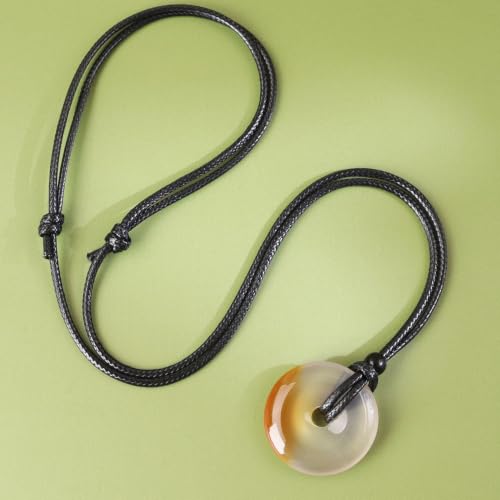 FANASY Natural Gemstone Pendant Necklce Lucky Coin Crystal Necklace Protection Donut Pendnat with Adjustable Rope for Men Women - color: Chalcedony