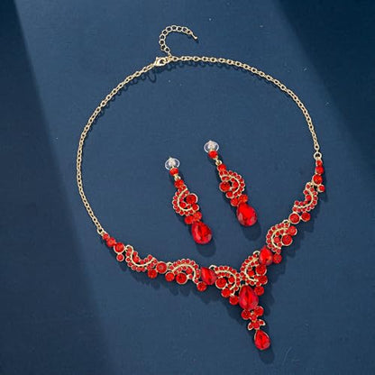 Paxuan Crystal Bridal Wedding Jewelry Sets for Women Rhinestone Teardrop Crystal Statement Choker Necklace Drop Earrings Link Bracelets Rings Teardrop Jewelry Set for Brides Bridesmaids - color: Necklace+Earrings+Bracelet+Ring（Red）New