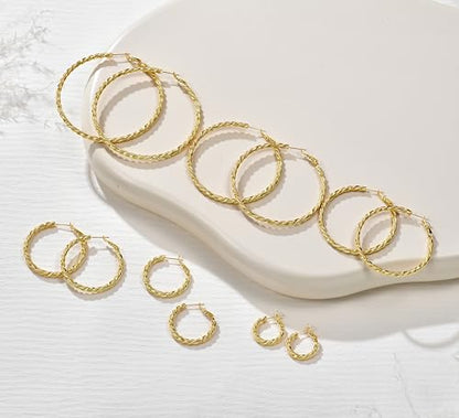 AllenCOCO Gold Hoop Earrings for Women, 18K Gold Plated Twisted Rope Design, Textured Thin Round Hoops with Sterling Silver Post Hypoallergenic 20-70mm - size: 50mm