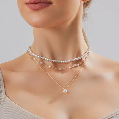 HERIER Gold Jewelry Set for Women - Dainty 14K Gold/Silver Plated Pearl Choker Necklace, Drop Earrings & Bracelets - Wedding Trendy Pearl Jewelry Gift - color: Pearl Necklace Set-Gold