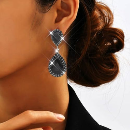 Catery Crystal Wedding Earrings Silver Rhinestone Ear Rings Teardrop Bridal Ear Jewelry for Brides and Women - color: Black Only