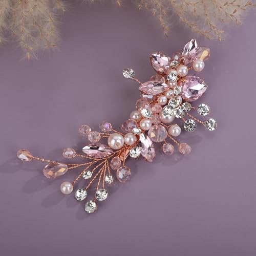 Teyglen Bridal Rhinestone Hair Clip Pink Pearl Crystal Hair Barrette Sparkly Hair Piece Wedding Hair Clips Hair Accessories Jewelry for Women (Pink) - color: Pink