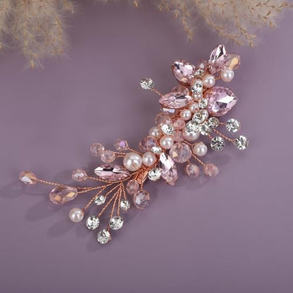 Teyglen Bridal Rhinestone Hair Clip Pink Pearl Crystal Hair Barrette Sparkly Hair Piece Wedding Hair Clips Hair Accessories Jewelry for Women (Pink) - color: Pink