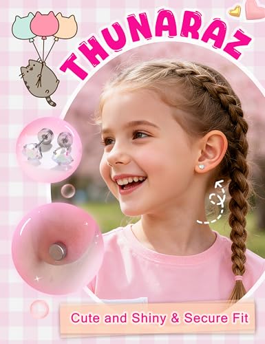THUNARAZ 16 Pairs Hypoallergenic Earrings for Girls Kids Stud Earrings Set | Surgical Stainless Steel, Sensitive Ears Friendly, 20G Heart Flower Ball Stud Earrings Set for Girls and Kids - style: Flat Back
