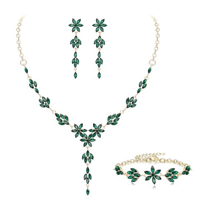 EVER FAITH Crystal Flower Wedding Prom Jewelry Set for Bride Bridesmaid | Rhinestone Costume Party Y-Shaped Necklace Dangle Earrings Bracelet, for Women - color: Green Gold-Tone