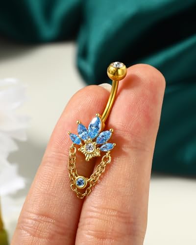 COCHARM 14G Lotus Belly Button Rings Dangle Belly Navel Rings for Women Surgical Steel Navel Piercing jewelry - color: YGBL-10MM