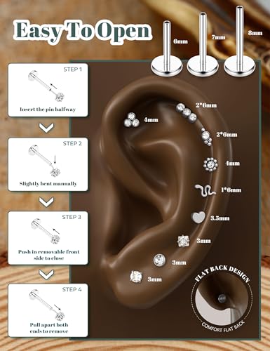 YADOCA Threadless Flat Back Earrings Hypoallergenic Nose Studs Rings for Women 14K Gold Plated 316L Surgical Steel Lip Labret Conch Medusa Cartilage Tragus Nose Piercing Jewelry 20G 18G 16G - color: Silver, size: 18G(1.0MM)