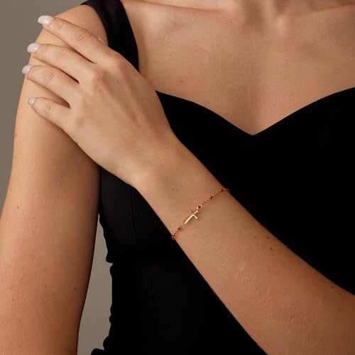 18K Gold Plated Pearl Beaded Cross Bracelets for Women Adjustable Stainless Steel Dainty Thin Gold Box Cuban Twisted Link Chain Bracelet Bridesmaid Jewelry Gifts - color: Red Cross-Gold