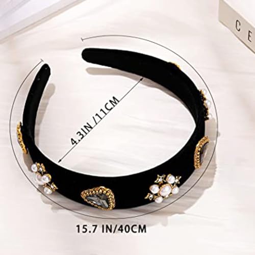 Black Baroque Headbands Pearl Rhinestones Wide Headband Velvet Jeweled Hair accessories for Women (Elegant)