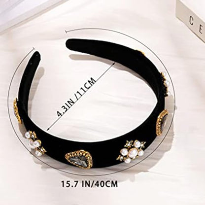 Black Baroque Headbands Pearl Rhinestones Wide Headband Velvet Jeweled Hair accessories for Women (Elegant)
