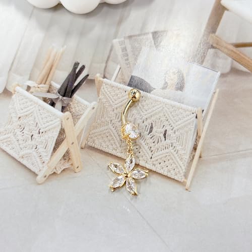 14G Crystal Flower Dangle Belly Button Ring for Women Stainless Steel Rhinestone Fashion Statement Lucky Floral Dangling Charm Curved Barbell Navel Rings Simple Sexy Summer Beach Body Piercing Jewelry - color: Gold-tone