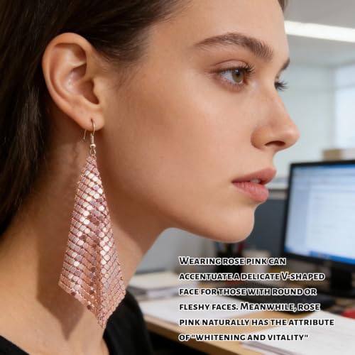 Mesh Sequin Tassel Long Drop Earrings for Women, Lightweight Metal Grid Fringe Dangle Earrings, Colorful Sparkly Alloy Wedding Bridal Party Jewelry (1 pair) - color: Rose Gold