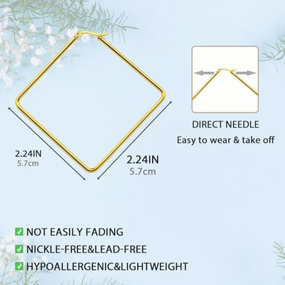 Hoop Earrings for Women - 18K Gold Plated Copper Minimalist Jewelry, Hypoallergenic Lightweight Design Fashion Statement Accessories for Daily Wear & Gifts - size: 57mm
