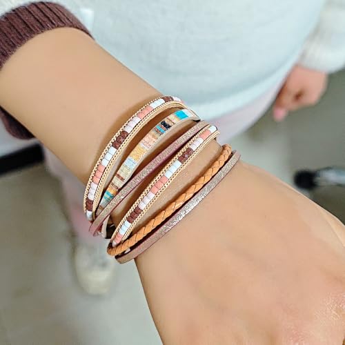 ZMANYIJEW Leather Wrap Bracelets for Women,Boho Cuff Bracelets Multi-Layer Crystal Beads Cuff Bracelet Multilayered Leopard Leather Braided Bangle Wrist Cuff Bangles - style: khaki