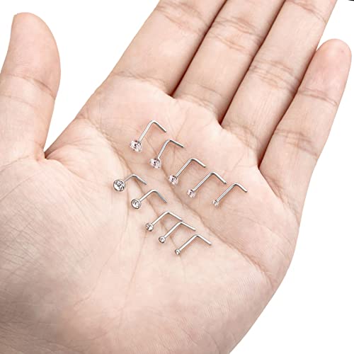 20G 10Pcs Stainless Steel L Screw Bone Shaped Nose Studs Rings Square Round CZ Nose Ring Labret Nose Piercing Jewelry for Men Women Silver Tone 1.5mm-2mm-2.5mm-3mm-3.5mm CZ - style: H:(10Pcs,Square+Round CZ)