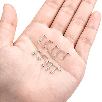 20G 10Pcs Stainless Steel L Screw Bone Shaped Nose Studs Rings Square Round CZ Nose Ring Labret Nose Piercing Jewelry for Men Women Silver Tone 1.5mm-2mm-2.5mm-3mm-3.5mm CZ - style: H:(10Pcs,Square+Round CZ)