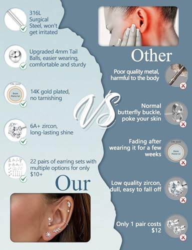 ORAZIO 16 Gauge Cartilage Earrings for Women-Hypoallergenic Surgical Stainless Steel Tragus Earring Set Threadless Flat Back Earrings Push in Nose Studs Daith Conch Tragus Helix Piercing Jewelry - color: Silver Tone