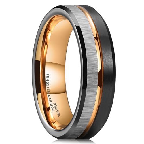King Will Mens Tungsten Carbide Wedding Band with Groove Design | 6/7/8mm Width, Grooved, Comfort Fit, Everyday Wear - color: Black&Gold&Silver-6mm