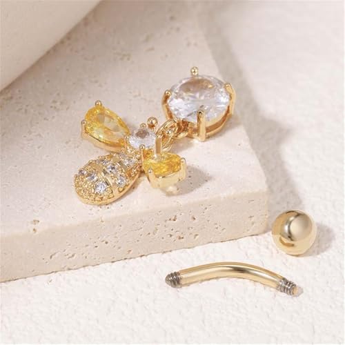 14G Bee Dangle Belly Button Ring, Cubic Zirconia Crystal Honeybee Navel Piercing Barbell Belly Body Jewelry for Women - color: Gold