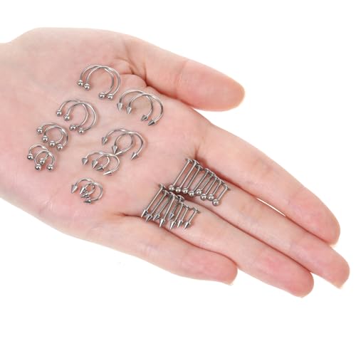 32 Pcs Horseshoe Septum Nose Lip Rings Labret Jewelry Barbell Ring Snake Bite Spike Piercing Stud Stainless Steel Vertical Helix Earring Daith Tragus Cartilage Studs for Women Men, 16G