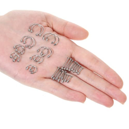 32 Pcs Horseshoe Septum Nose Lip Rings Labret Jewelry Barbell Ring Snake Bite Spike Piercing Stud Stainless Steel Vertical Helix Earring Daith Tragus Cartilage Studs for Women Men, 16G