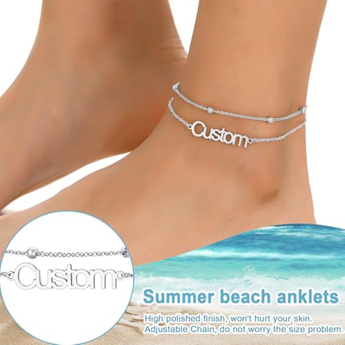 U7 Custom Layered Ankle Bracelets for Women Stainless Steel Bead/Cuban/Figaro/Rope/Wheat Chain Anklet Waterproof Anklet Jewelry for Beach Vacation - color: b-Silver-Bead Chain