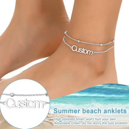 U7 Custom Layered Ankle Bracelets for Women Stainless Steel Bead/Cuban/Figaro/Rope/Wheat Chain Anklet Waterproof Anklet Jewelry for Beach Vacation - color: b-Silver-Bead Chain