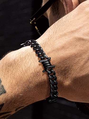 Bandmax Barbed Wire Chain Bracelets for Men Women Stainless Steel/Black/Gold Thorn Cuban Link Bracelet Adjustable Punk Emo Style Jewelry Gift - color: 02 9MM-Black Plated