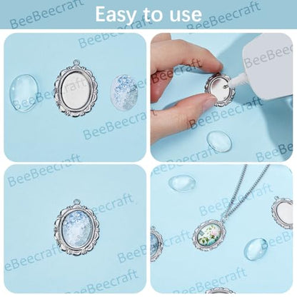 Beebeecraft 30 Sets Pendant Cabochon Settings, 304 Stainless Steel Silver Oval Bezel Pendant Blanks Settings with 18mm Oval Glass Cabochons Dome Tiles Trays Photo Charms for Wedding Bouquet