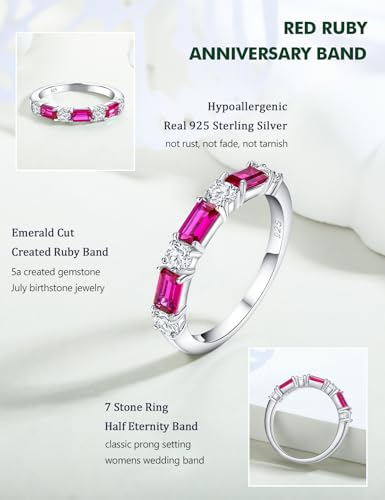 3.5mm Half Eternity Band Sterling Silver Rings for Women Sapphire/Ruby/Emerald and Cz Wedding Bands 7 Stone Stackable Birthstone Ring Anniversary Jewelry Size 6-10 - color: 07-Ruby-Jul.