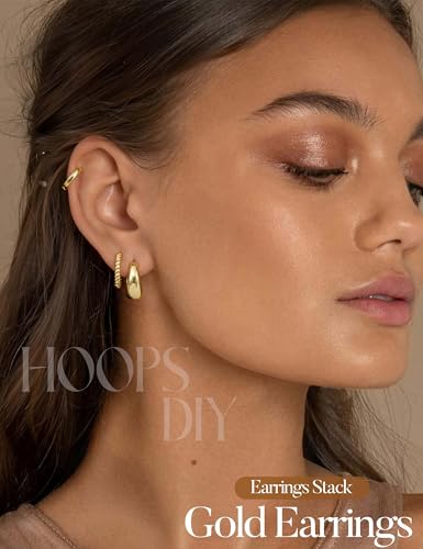 Jstyle Small Hoop Earrings for Women, Gold Silver Earring Stack | 4Pcs Huggie Hoop Earrings Set, Non Tarnish, Chunky Cartilage Earring, Piercing Jewelry, Comfortable Daily Wear - color: 14K Gold Plated