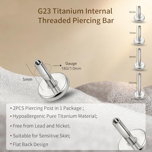 limerencia 16G/18G Hypoallergenic Internal Threaded Titanium Bar Post Replacement,Flat Back Stud Earrings Post Medusa Helix Couch Labret Bar for Women Men Sensitive Ears(A Pair) - color: silver tone, size: 18G-5mm