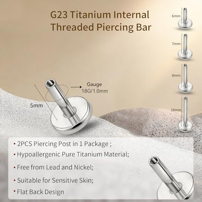 limerencia 16G/18G Hypoallergenic Internal Threaded Titanium Bar Post Replacement,Flat Back Stud Earrings Post Medusa Helix Couch Labret Bar for Women Men Sensitive Ears(A Pair) - color: silver tone, size: 18G-5mm