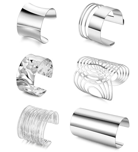 6 Pieces Upper Arm Cuff Arm Band Cuff Bangle Bracelet for Women Hammered Chunky Bracelets Open Wide Wire Bracelets Minimalist Coil Bangle Set Gold Sliver Wrist Cuff Wrap Bracelet Adjustable - color: Silver Cuff Bracelets B